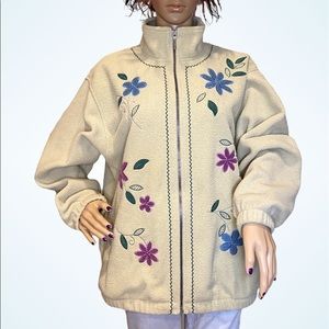 Alfred Dunner Embellished Floral Cream Flannel Front Zip Jacket Size Medium VGC